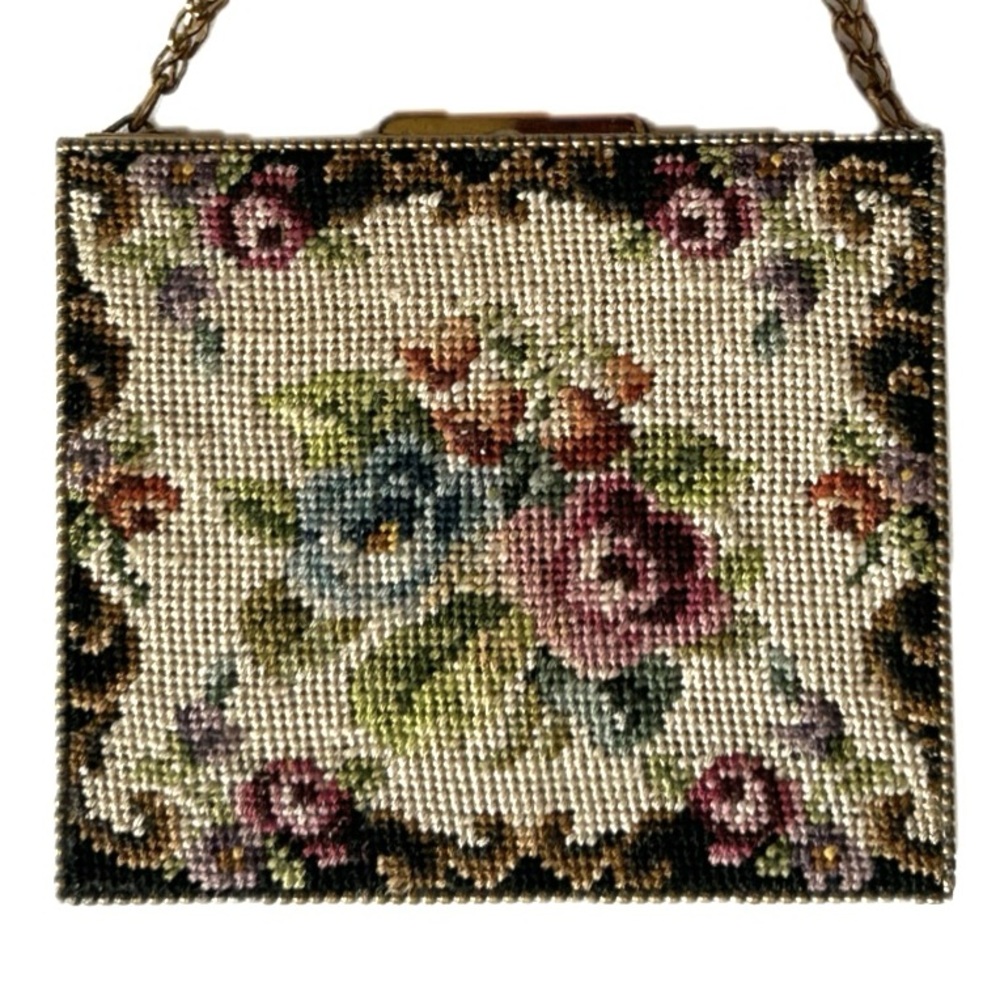 Vintage Makeup Compact Black with Cross Stitch Design & Chain